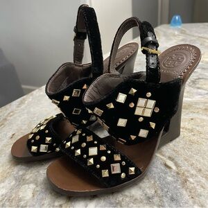 Tory Burch Kingsbridge Black Velvet Studded Wedge Sandals